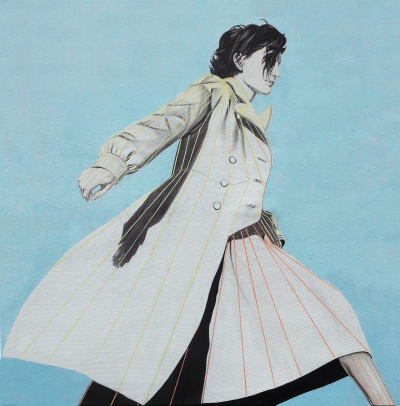 Untitled artwork Ana Scola. girl with blue background and yellow lines