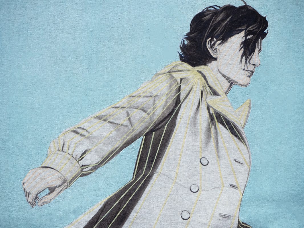 obra de arte de ana c. scola. oleo y carboncillo sobre lienzo 2023. lineas amarillas fondo azul claro cielo.