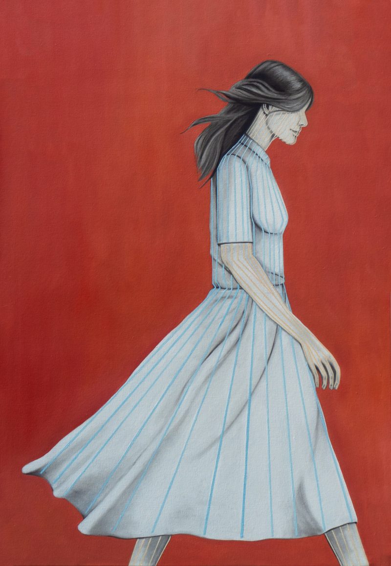 pintura arte ana scola madrid emerging artist oil on canvas oil paingting with charcoal by Ana Scola. red background and blue lines.