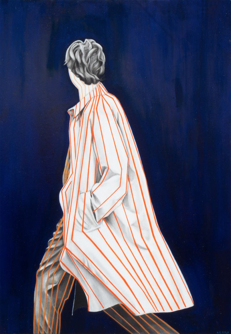 Untitled artwork Ana Scola. girl with blue background and red lines.