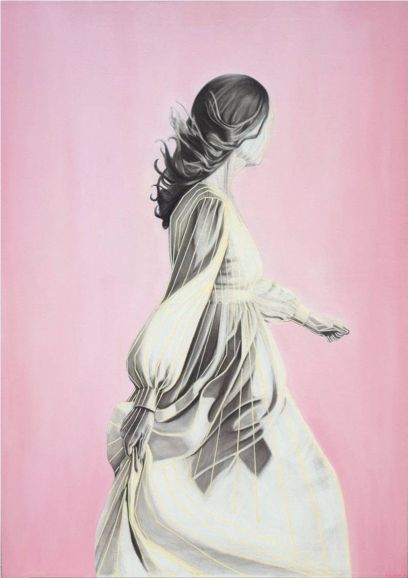 cuadro de arte por ana c. scola chica rosa y rayas amarillas hecho en carboncillo y oleo.