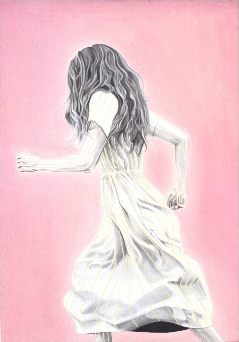 cuadro de arte por ana c. scola chica rosa y rayas amarillas segunda version hecho en carboncillo y oleo.